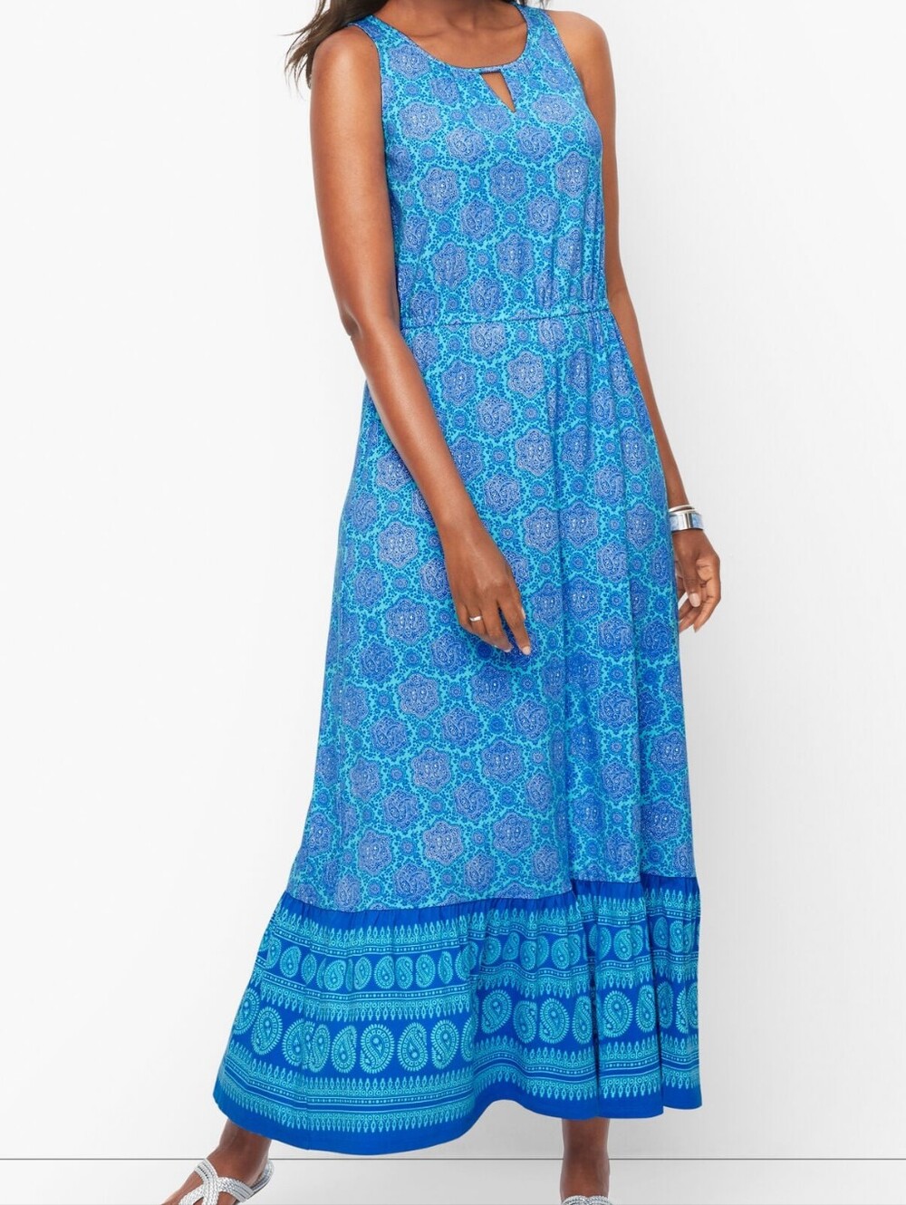 Talbots Sleeveless Blue Patterned Maxi Dress Size Large Petite